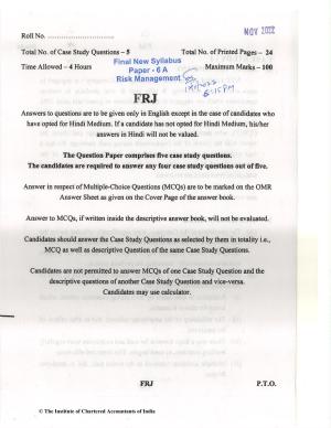 CA Final Nov 2022 Question Paper - Paper 6A – Risk Management