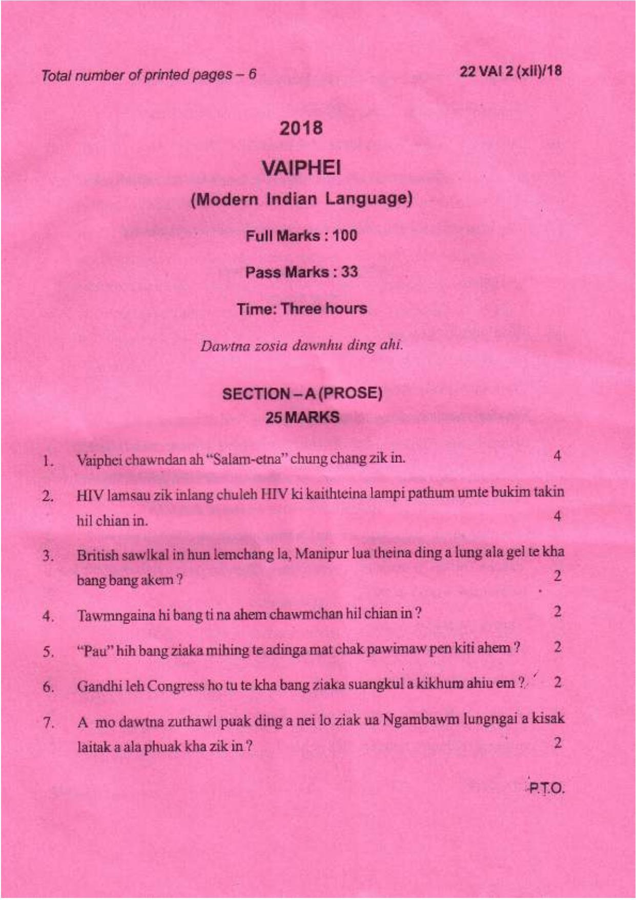 COHSEM Class 12	Vaiphei (M.I.L.) 2018 Question Papers - Page 1