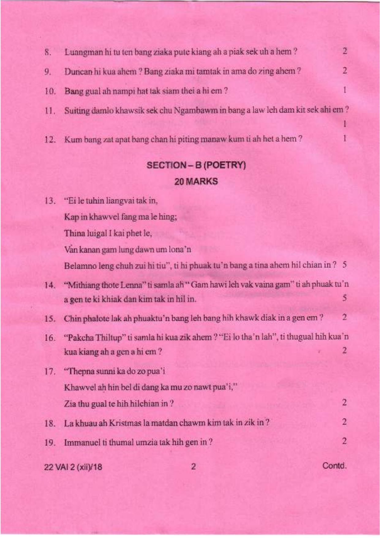 COHSEM Class 12	Vaiphei (M.I.L.) 2018 Question Papers - Page 2