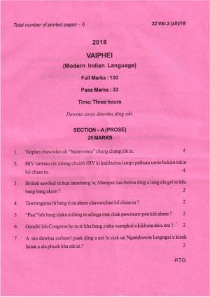 COHSEM Class 12	Vaiphei (M.I.L.) 2018 Question Papers
