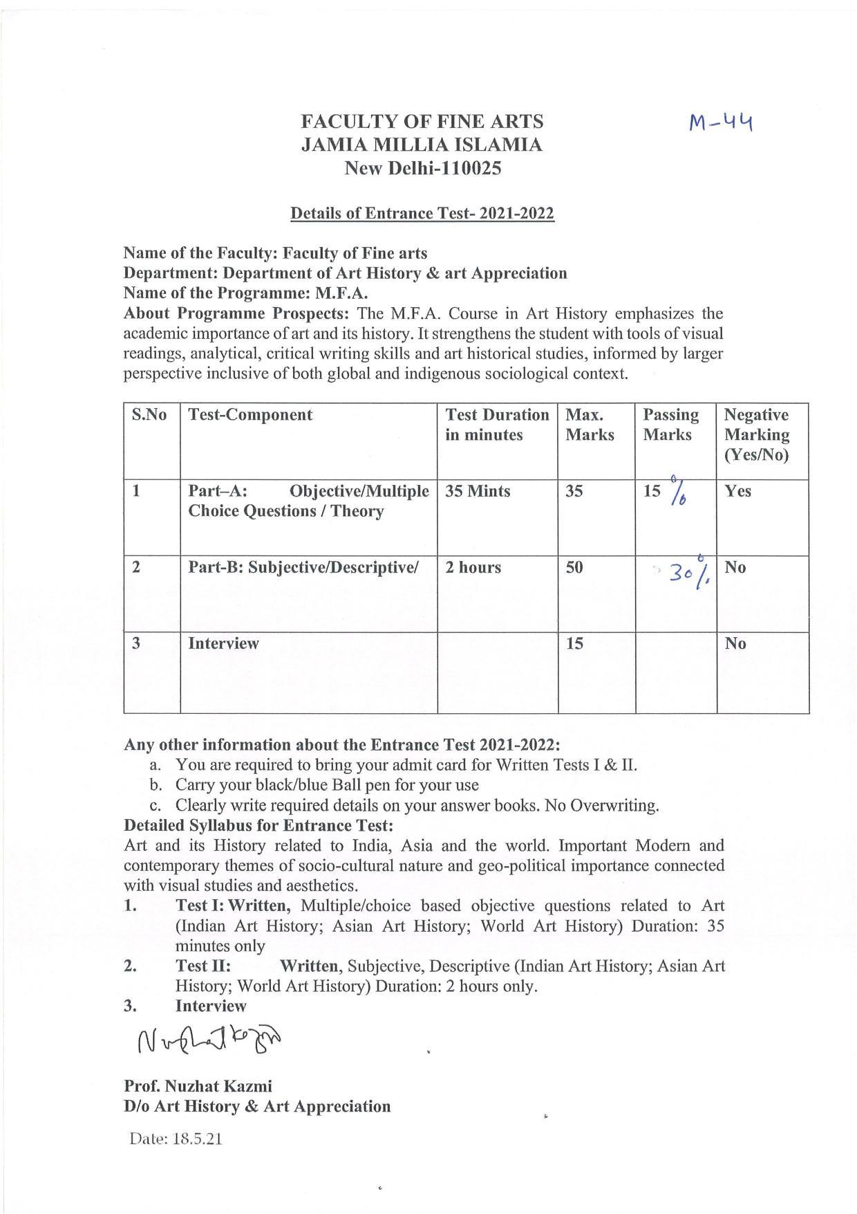 JMI Entrance Exam M44-M.F.A(Art History & Art Appreciation) Syllabus - Page 1