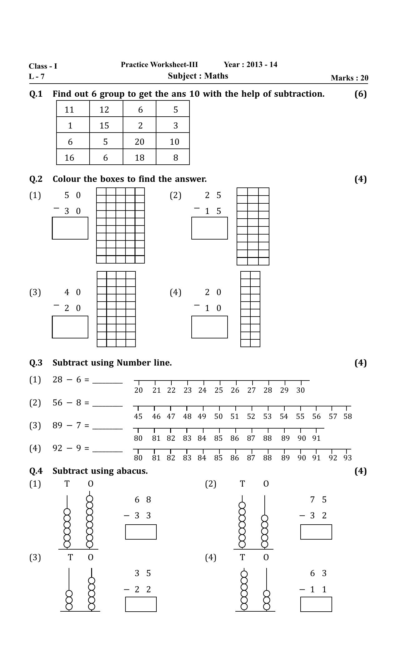 Worksheet for Class 1 Maths Assignment 17 - Page 1