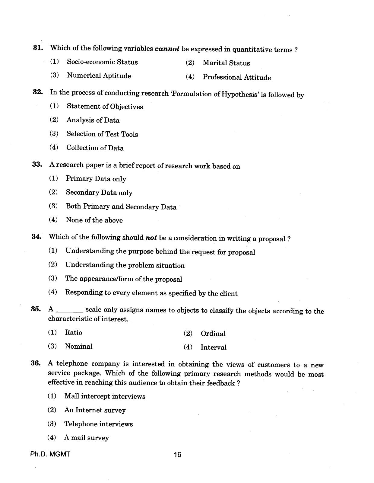 IGNOU PhD Entrance Test Ph.D (Management) 2018 Question Paper - Page 16