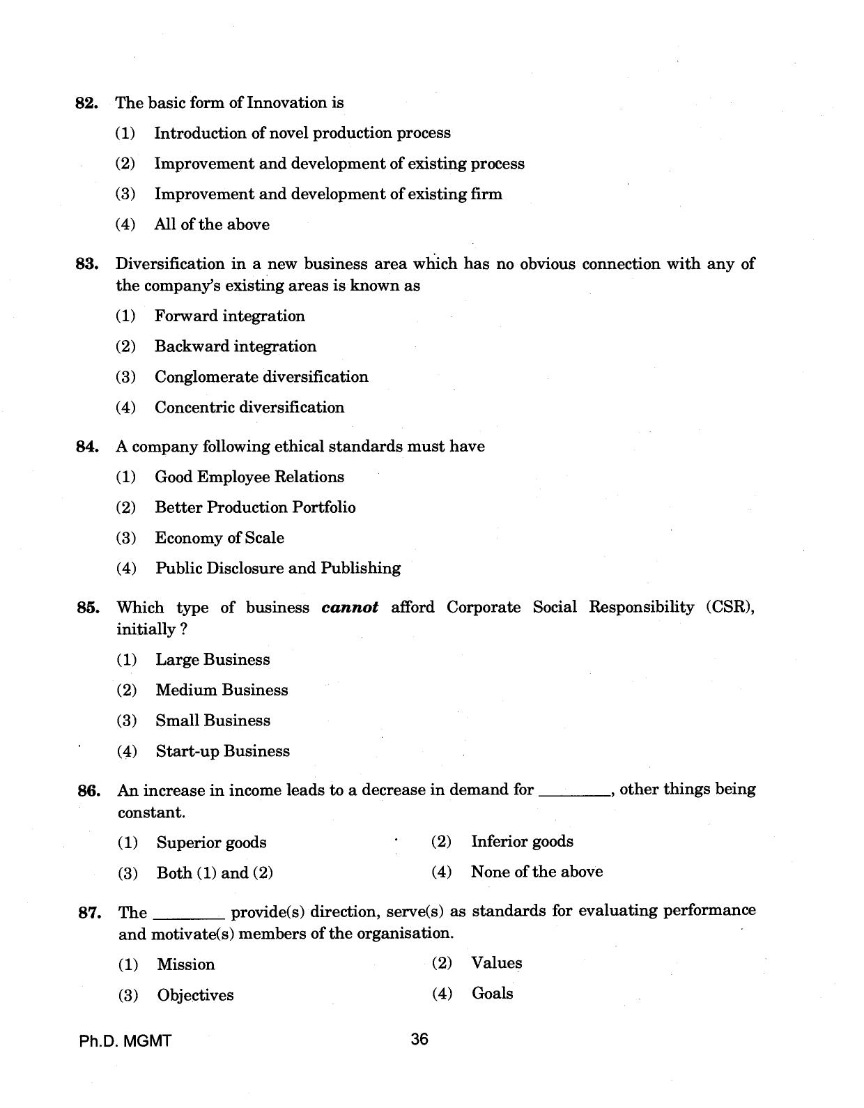 IGNOU PhD Entrance Test Ph.D (Management) 2018 Question Paper - Page 36