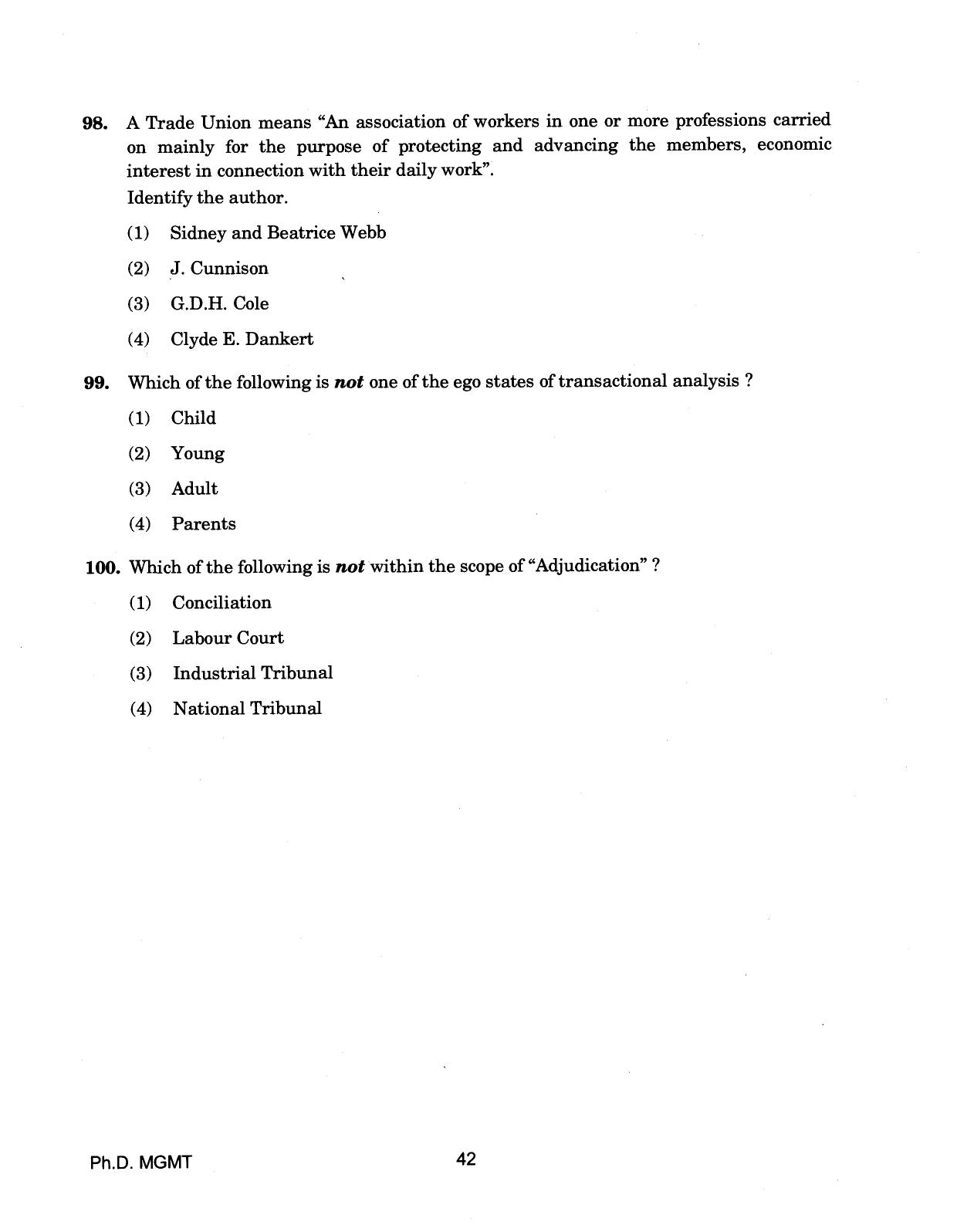 IGNOU PhD Entrance Test Ph.D (Management) 2018 Question Paper - Page 42