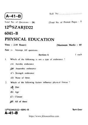 JKBOSE Class 12 Physical-Education 6041-B Question Papers 2022