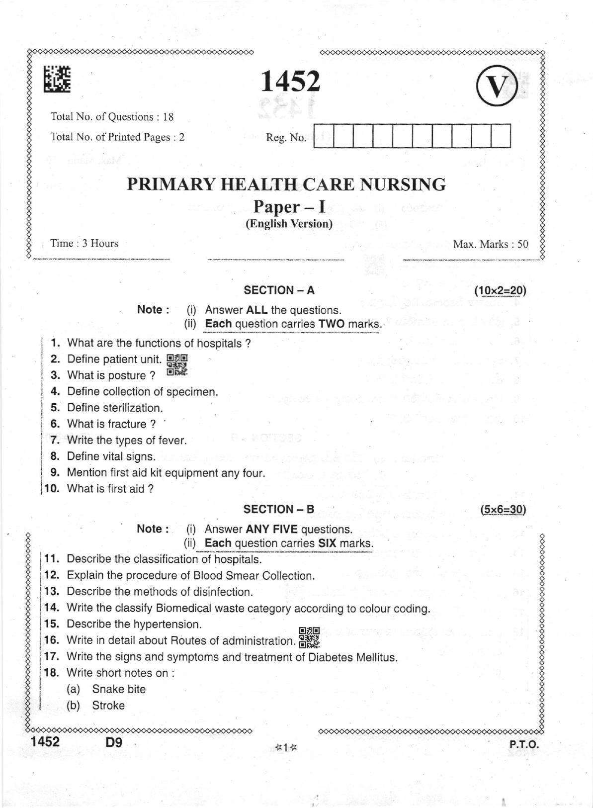 AP Intermediate 2nd Year Vocational Question Paper September-2021 - Primary-Health_Care_Nursing-I - Page 1