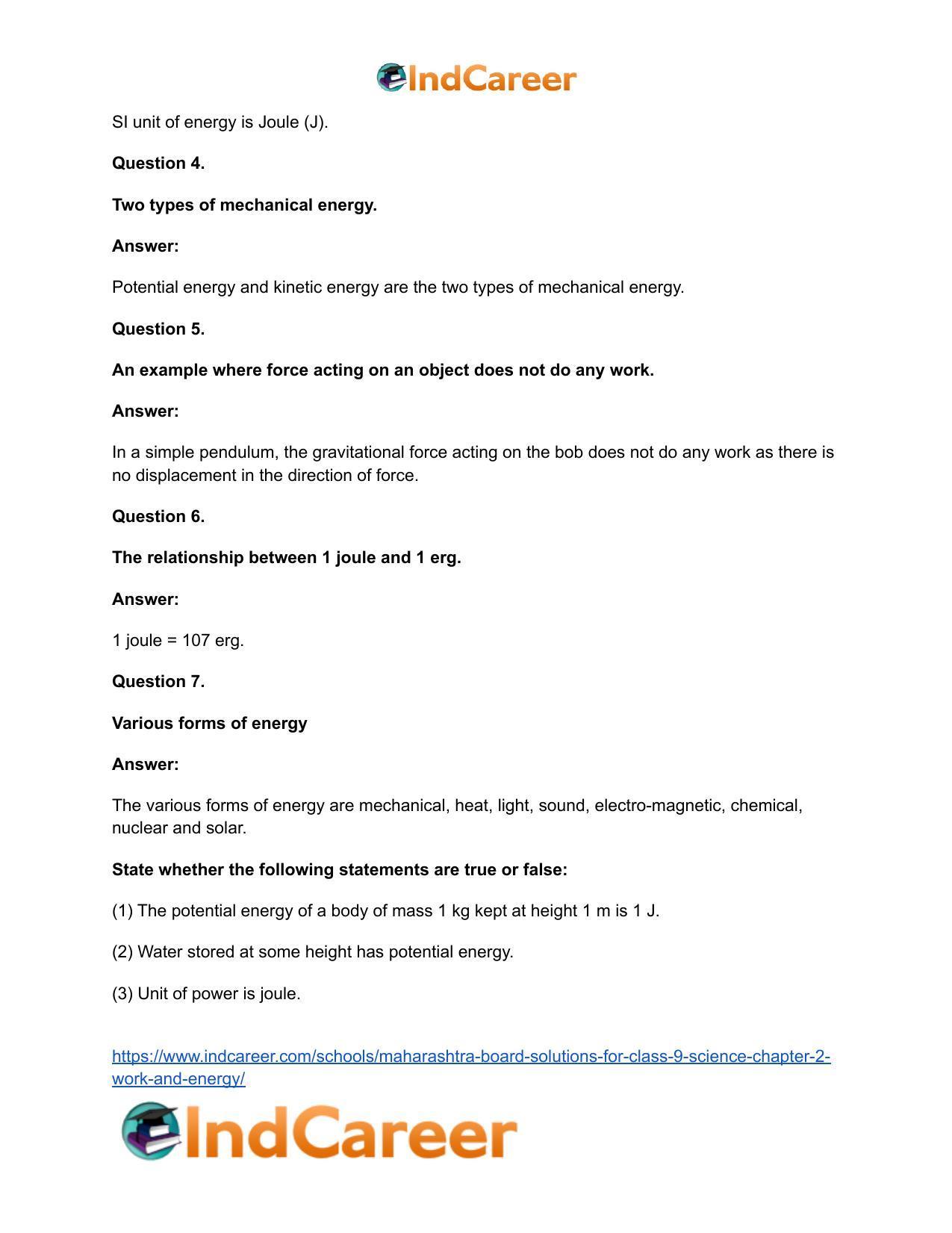 Maharashtra Board Solutions for Class 9- Science: Chapter 2- Work and Energy - Page 33