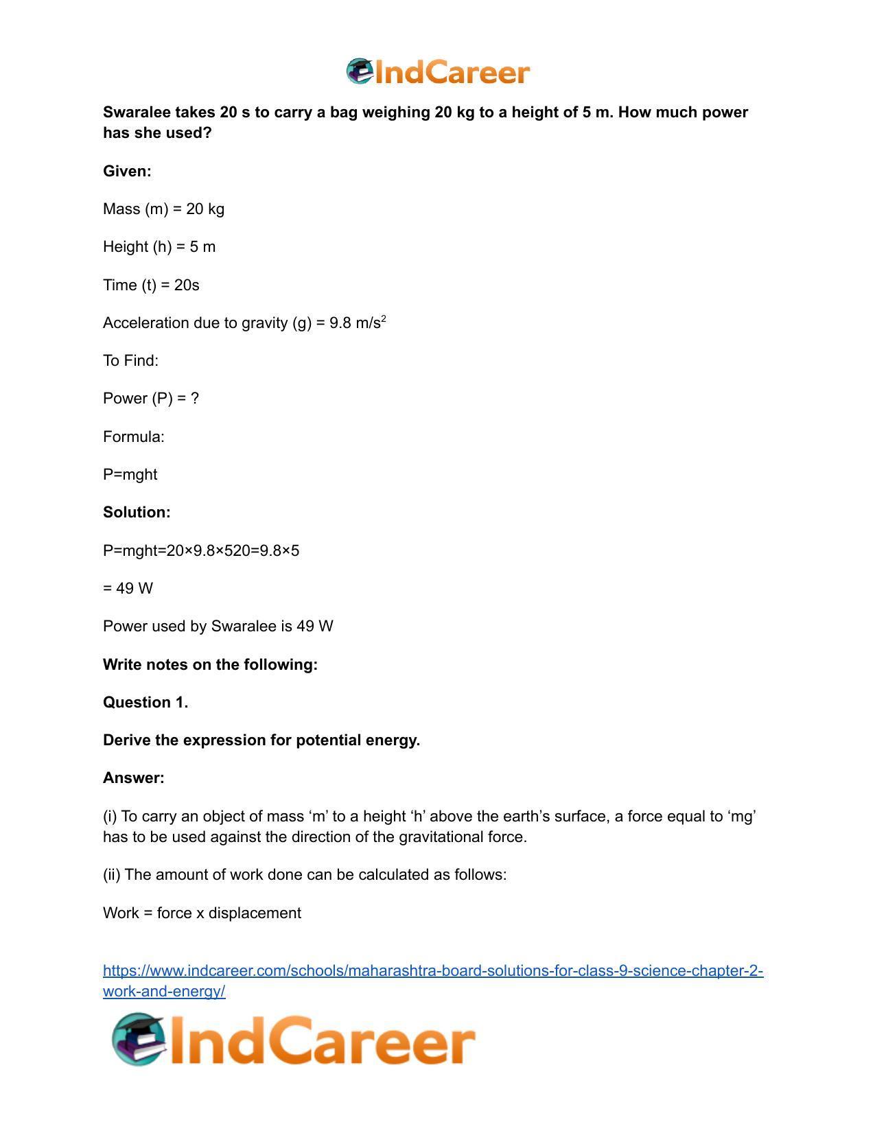 Maharashtra Board Solutions for Class 9- Science: Chapter 2- Work and Energy - Page 48