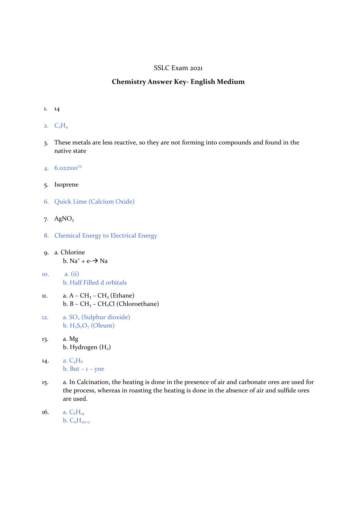 Kerala SSLC 2021 Chemistry Answer Key (EM) - Page 1