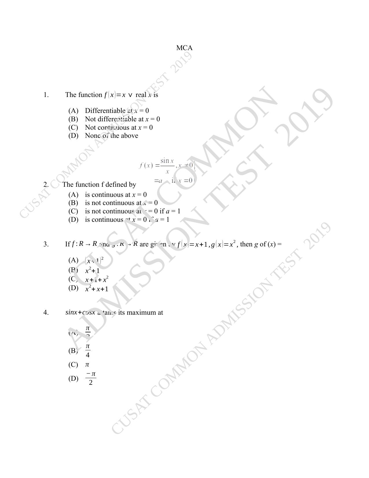 CUSAT CAT 2019 MCA Reg Question Paper With Answer Key - Page 1