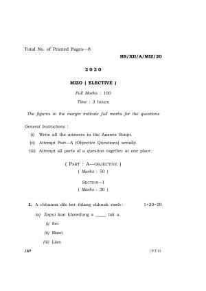 Meghalaya Board (MBOSE) Class 12 MIZO ( ELECTIVE ) 2020 Question Paper