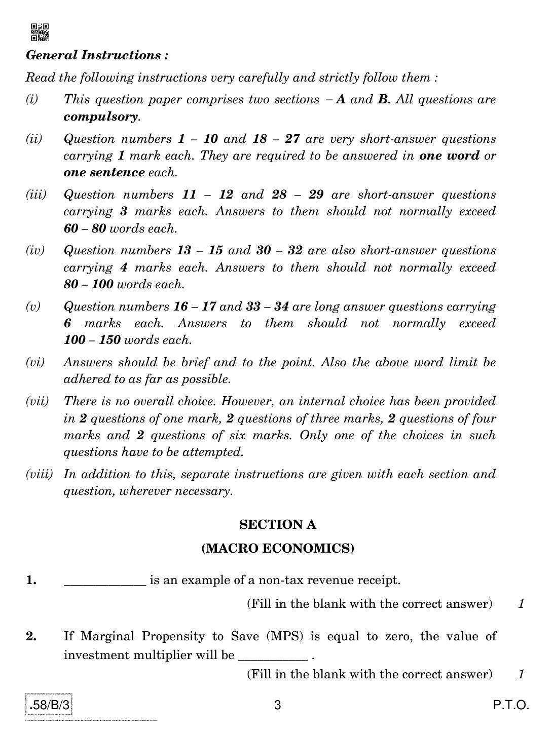 CBSE Class 12 58-C-3 - Economics 2020 Compartment Question Paper - Page 3