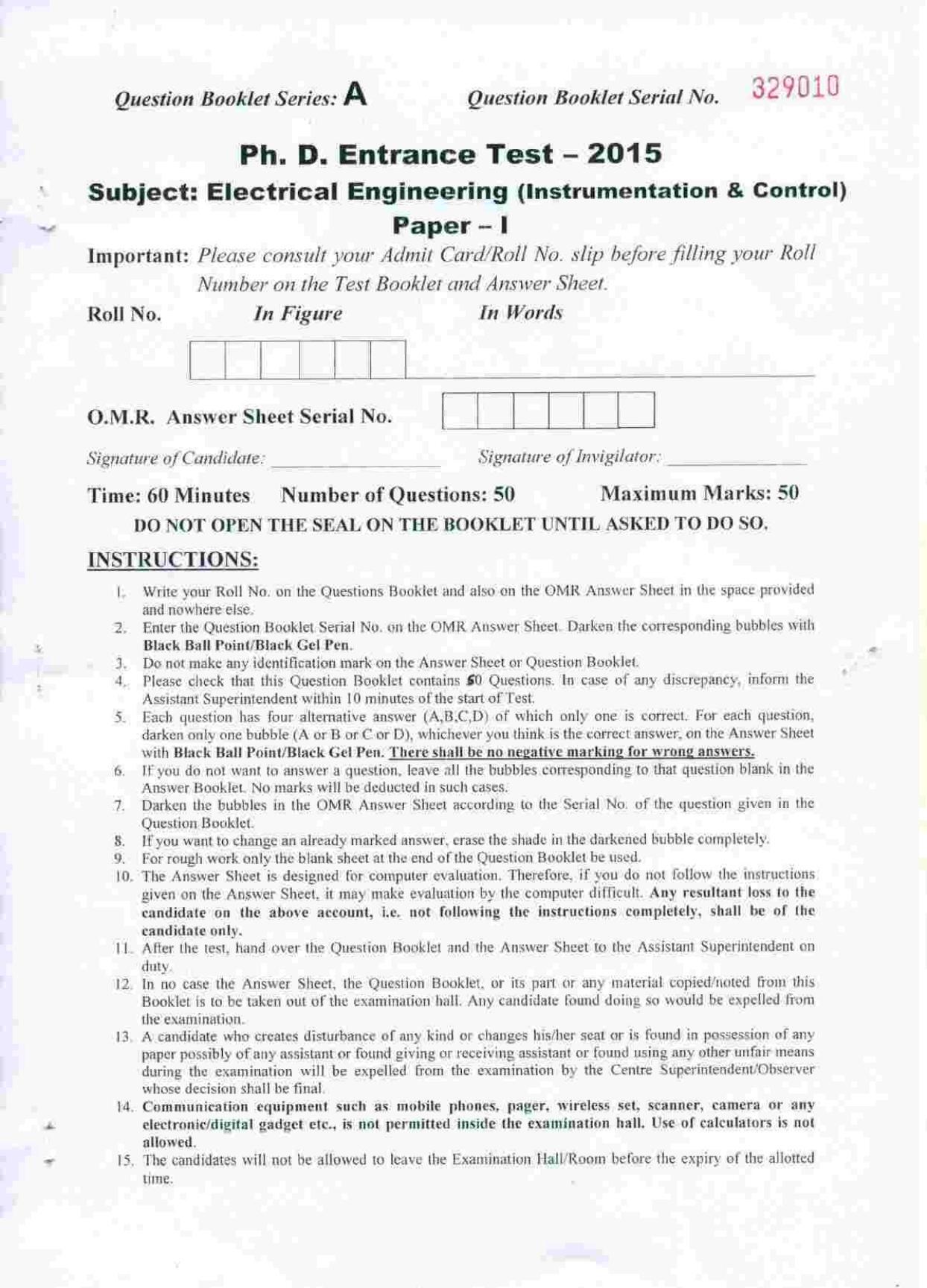 PU MPET Electrical Engineering 2015 Question Paper - Page 1