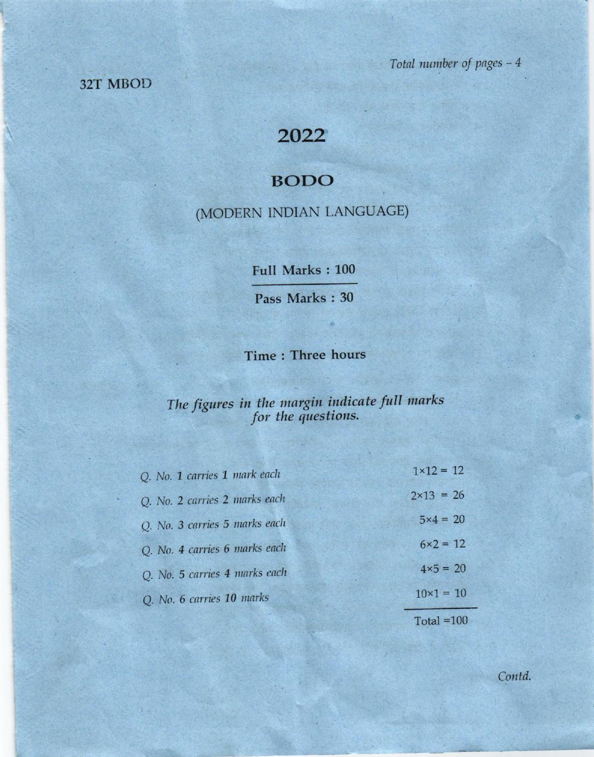 AHSEC Class 12 MIL BODO Question Papers 2022 - Page 1