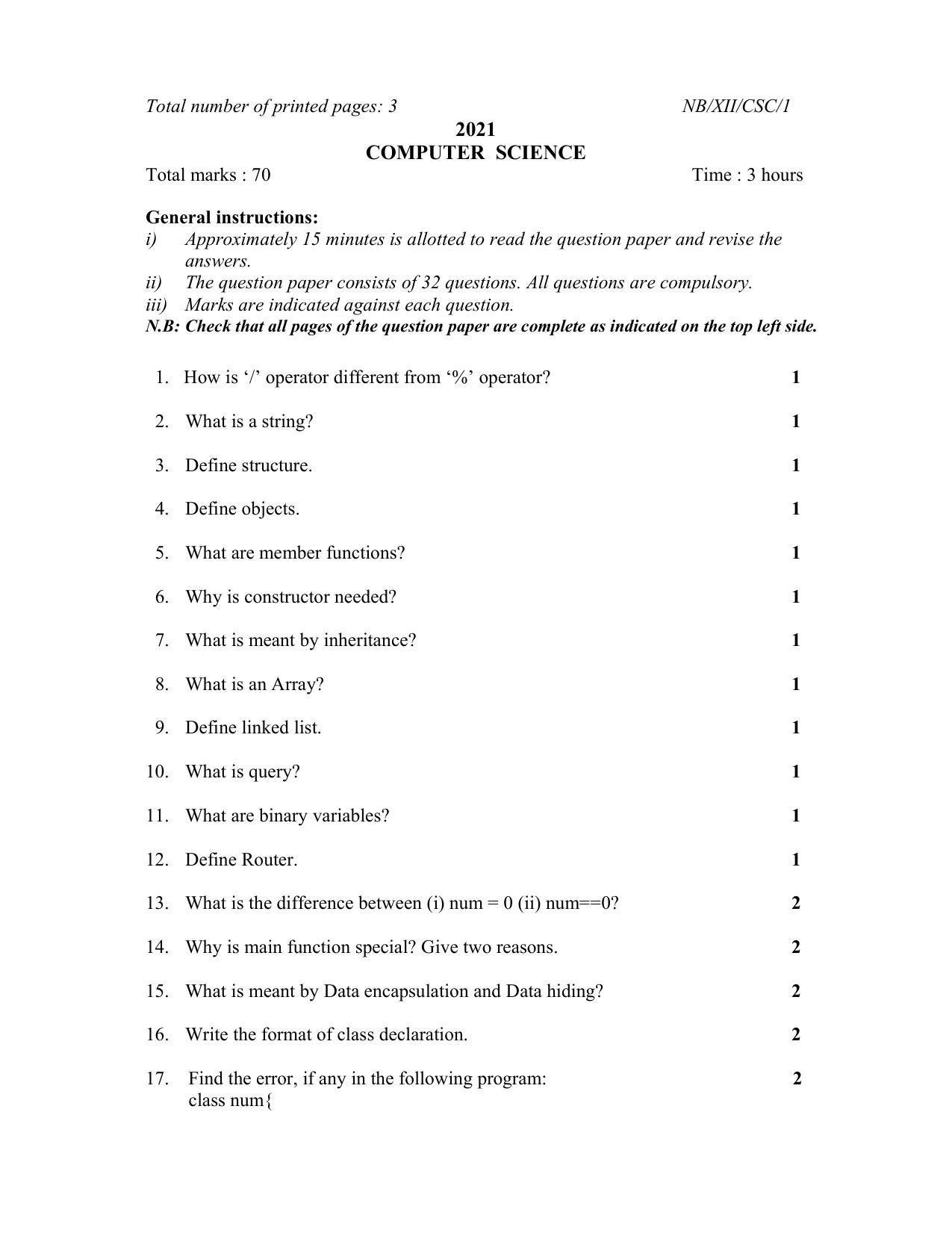 Nagaland Board Class 12 Computer Science 2021 Question Paper - Page 1