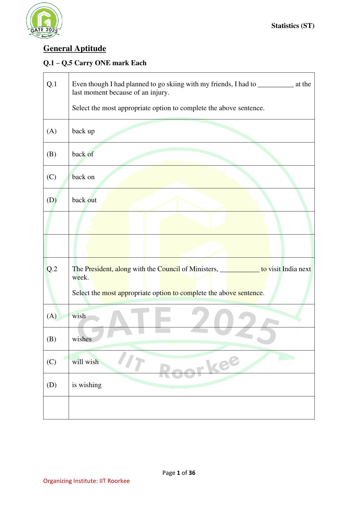 GATE 2025 Statistics (ST) Question Paper - Page 1