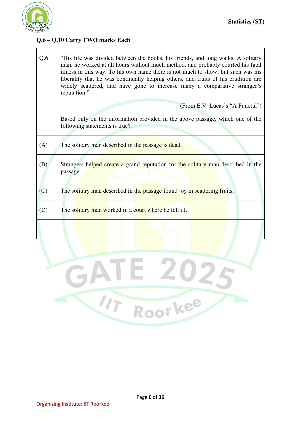 GATE 2025 Statistics (ST) Question Paper - Page 6