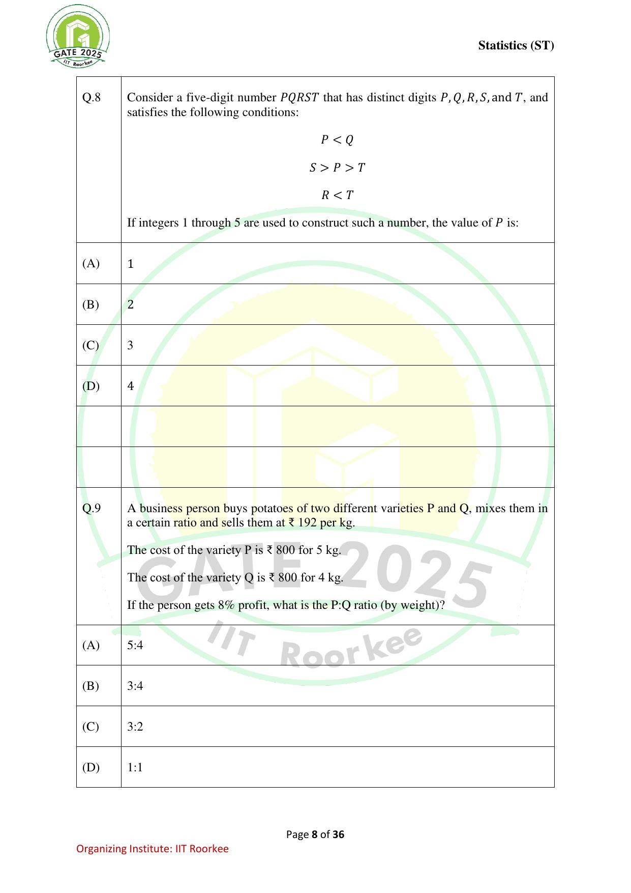 GATE 2025 Statistics (ST) Question Paper - Page 8