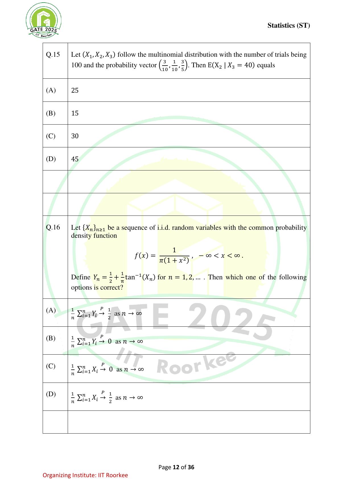 GATE 2025 Statistics (ST) Question Paper - Page 12