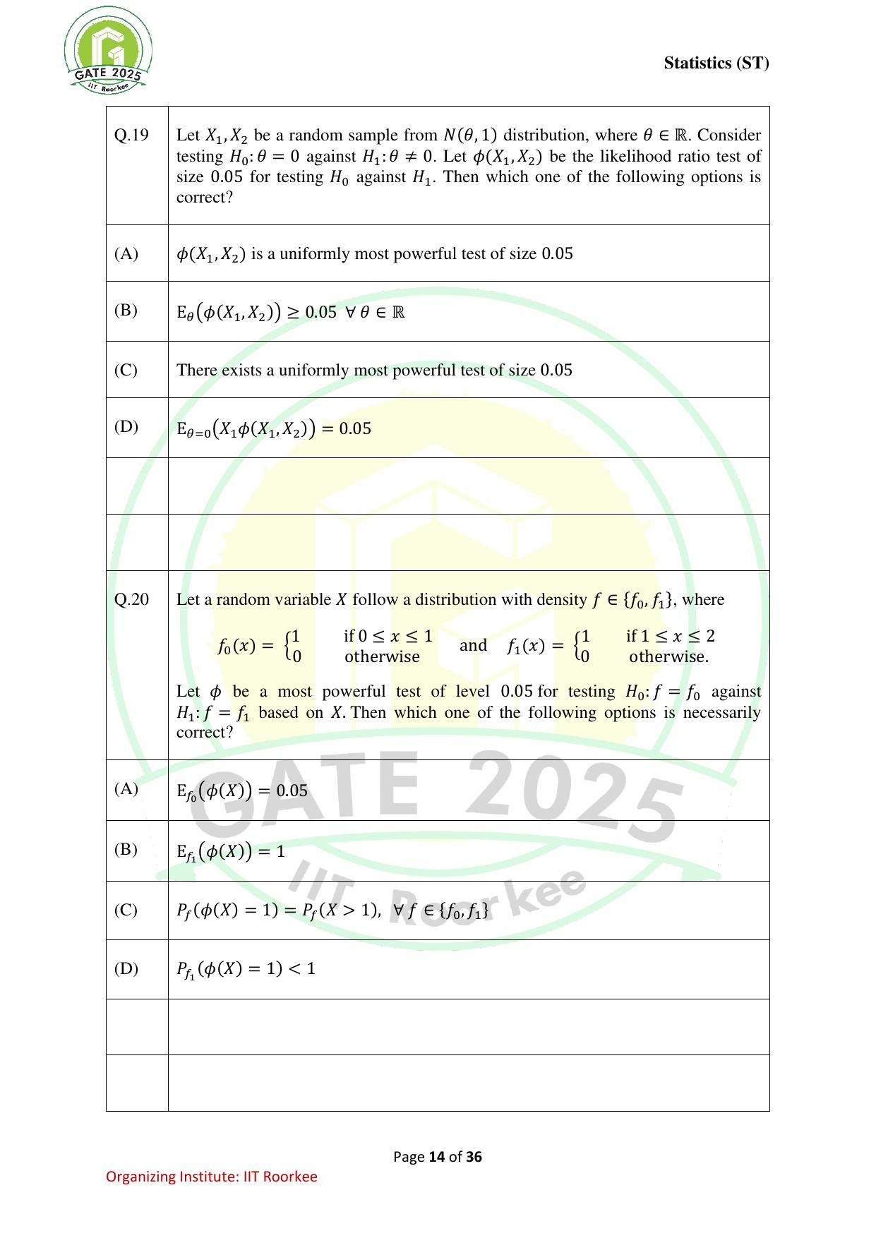 GATE 2025 Statistics (ST) Question Paper - Page 14
