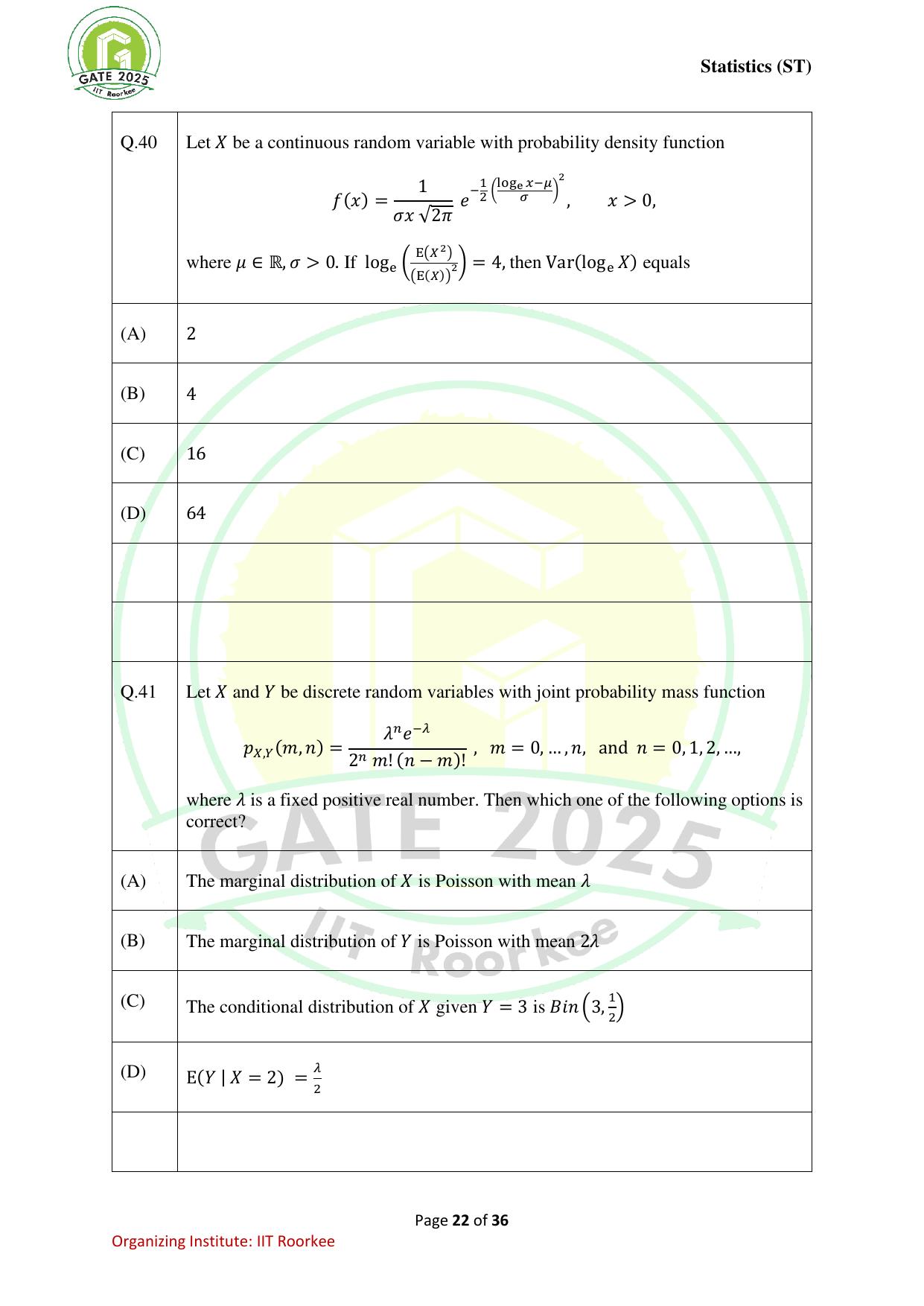 GATE 2025 Statistics (ST) Question Paper - Page 22