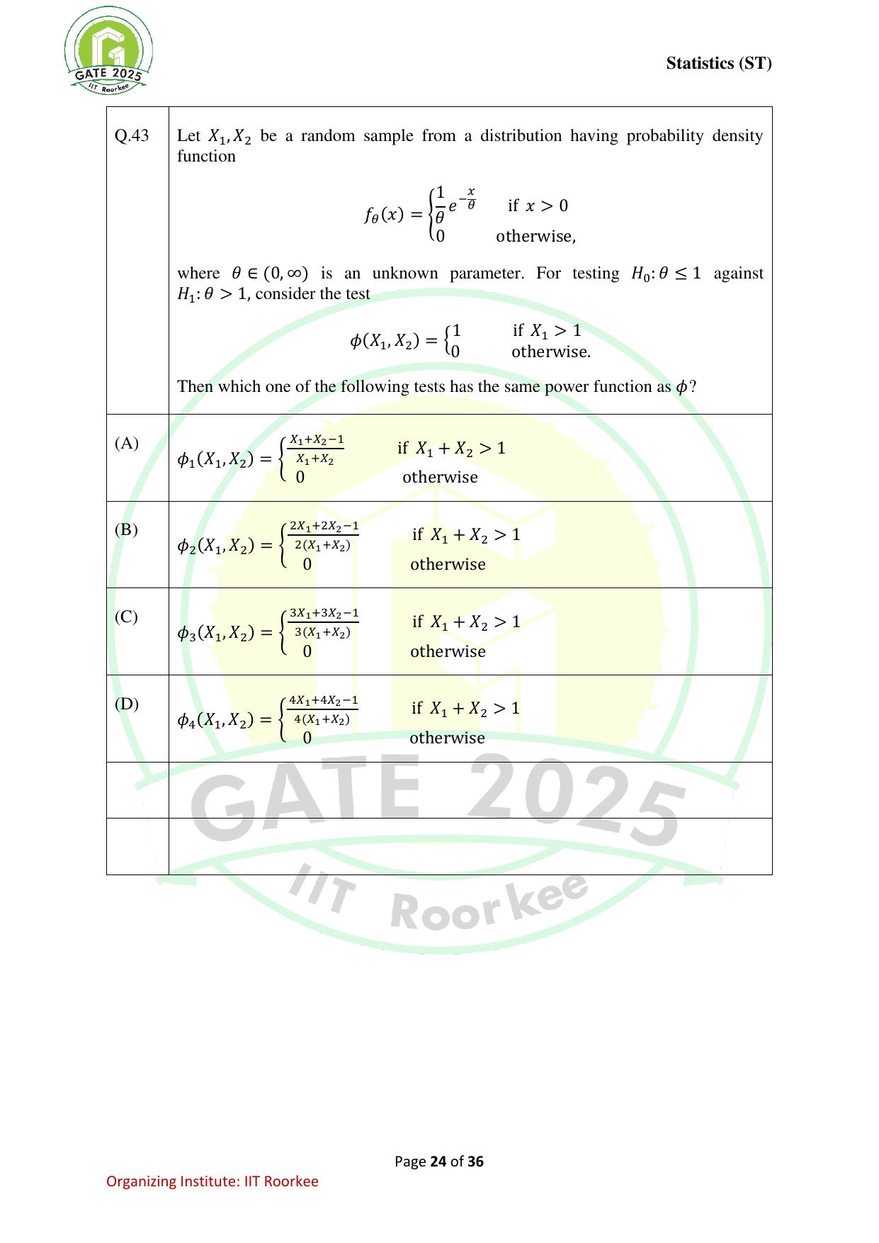 GATE 2025 Statistics (ST) Question Paper - Page 24