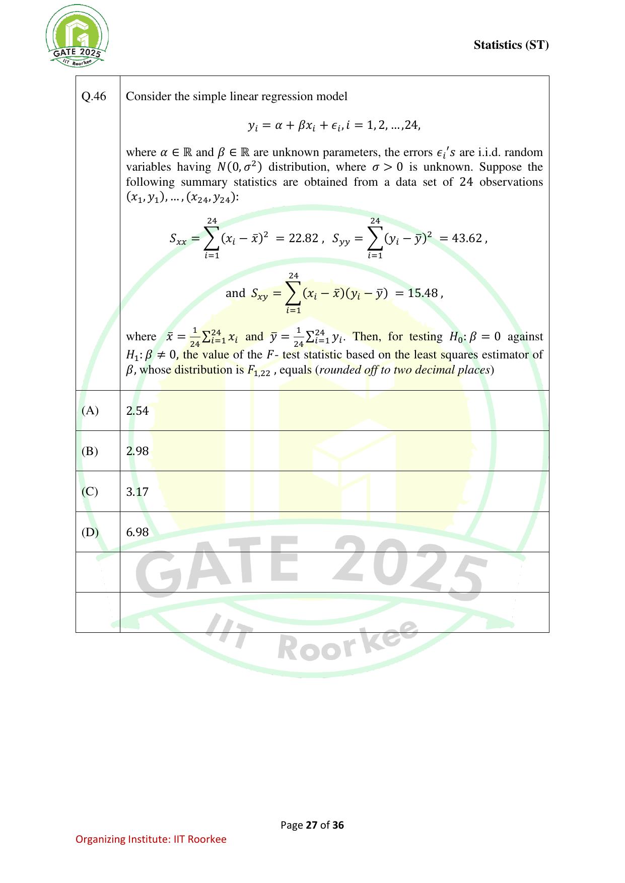 GATE 2025 Statistics (ST) Question Paper - Page 27