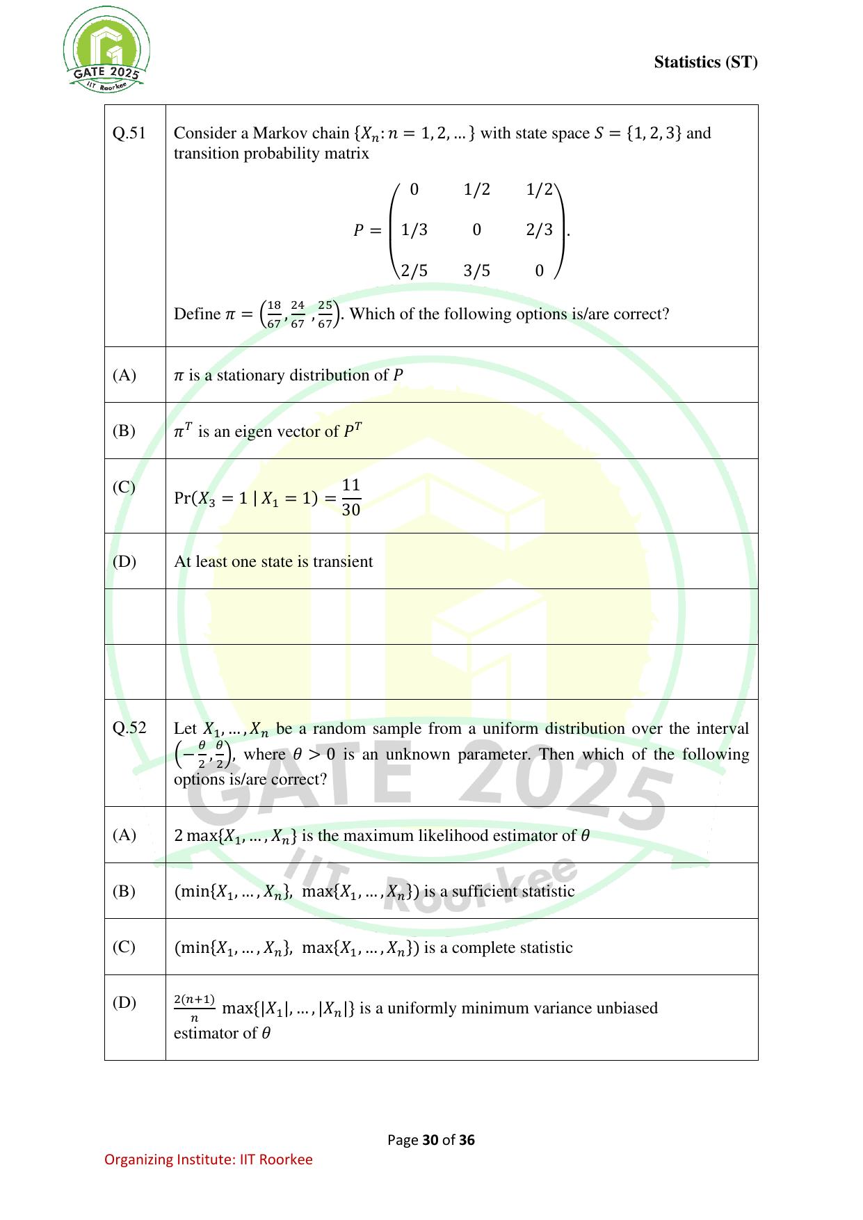 GATE 2025 Statistics (ST) Question Paper - Page 30