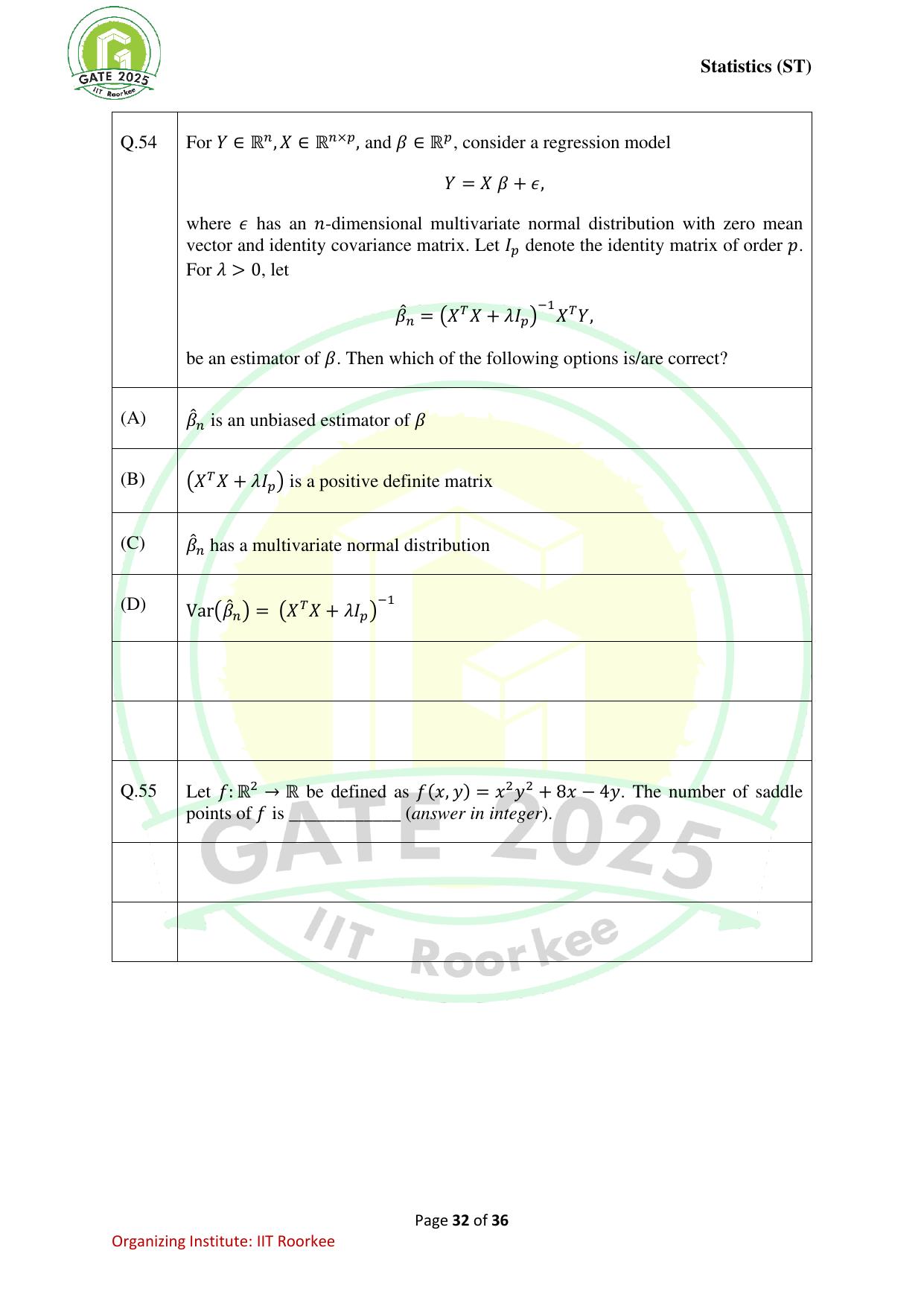 GATE 2025 Statistics (ST) Question Paper - Page 32