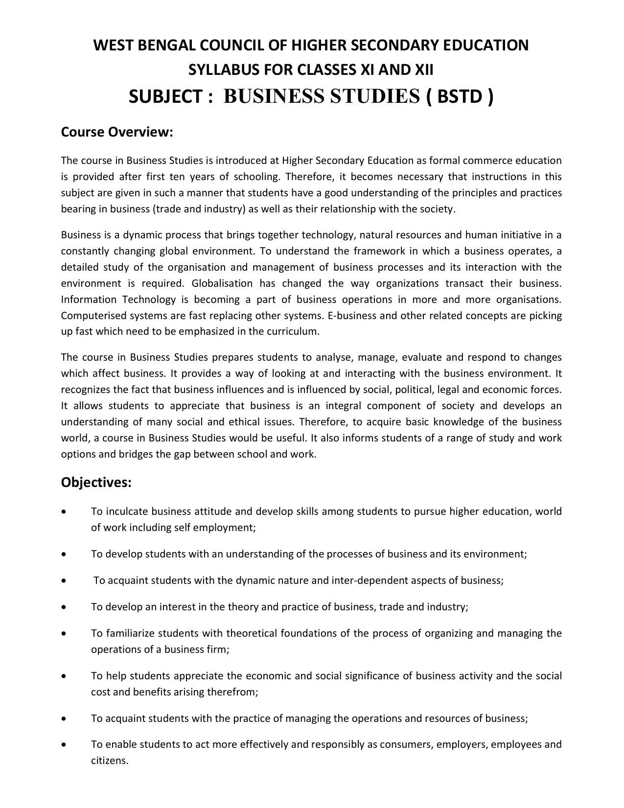 WBCHSE Class 11 & 12 Syllabus for Business Studies (BSTD) (SET II) - Page 1