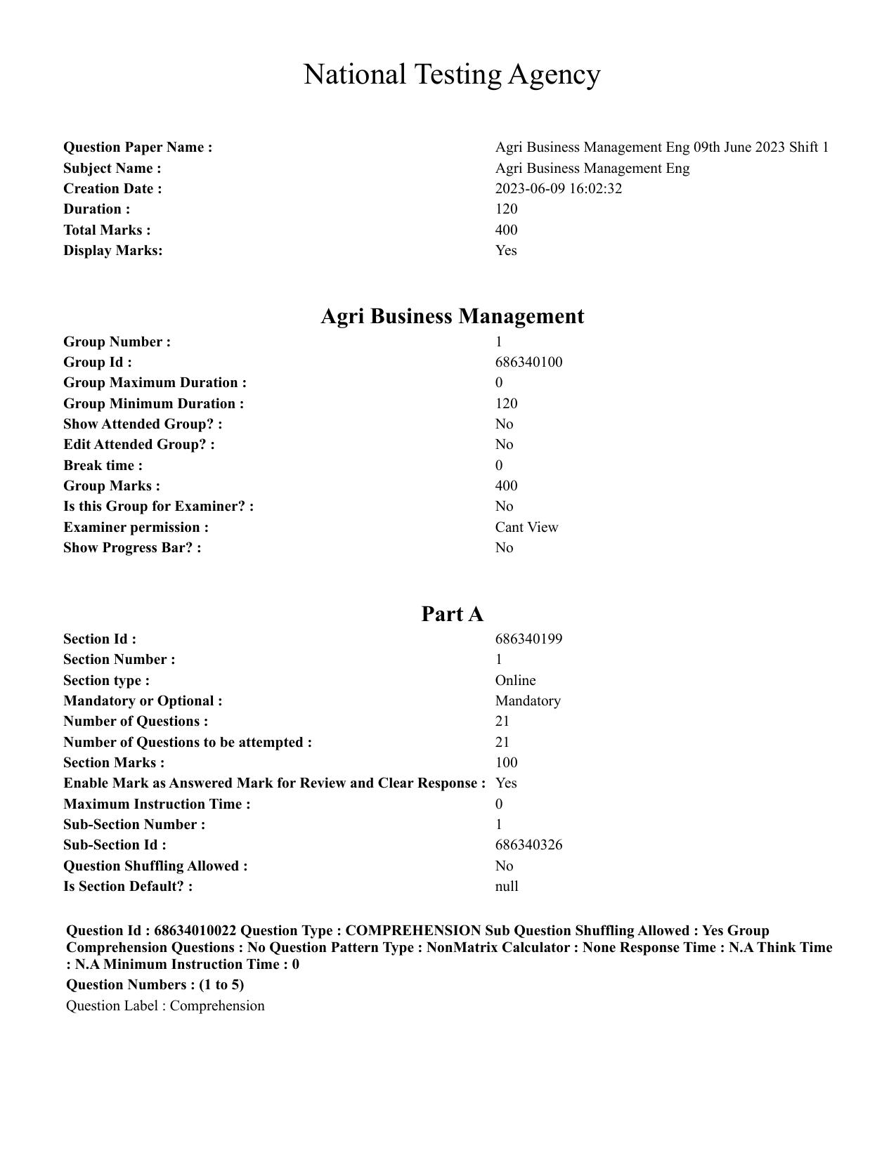 CUET PG 2023: COQP01 – Agri-Business Management (Eng.)-Shift 1 (09-06-2023) Question Paper - Page 1