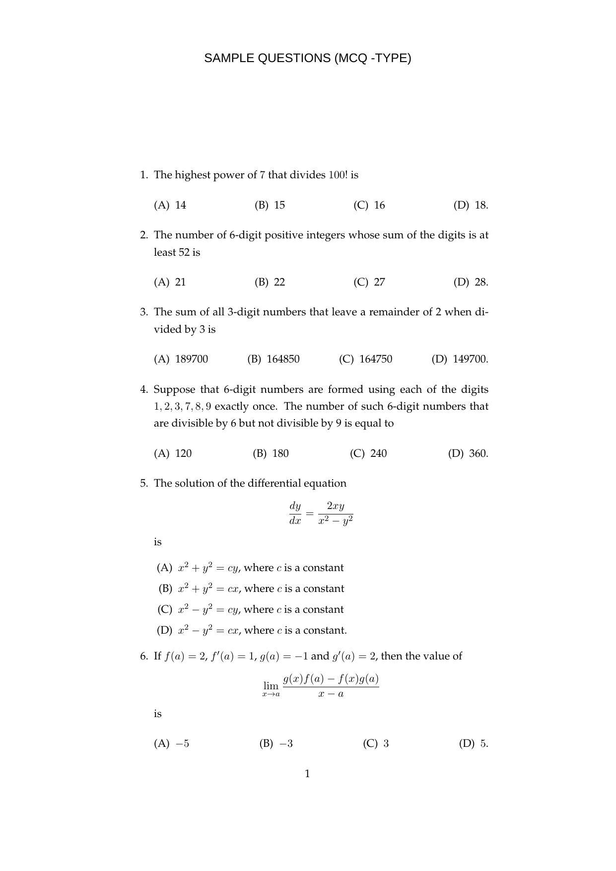 ISI Admission Test MMA (MCQ- Type) 2019 Sample Paper - Page 1