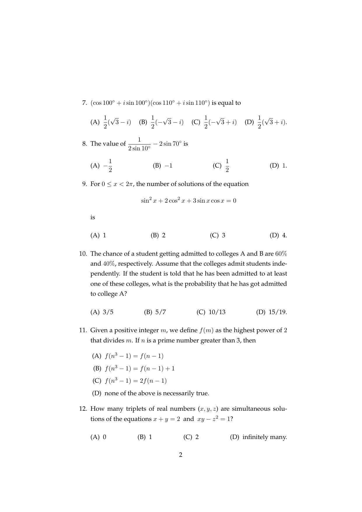 ISI Admission Test MMA (MCQ- Type) 2019 Sample Paper - Page 2
