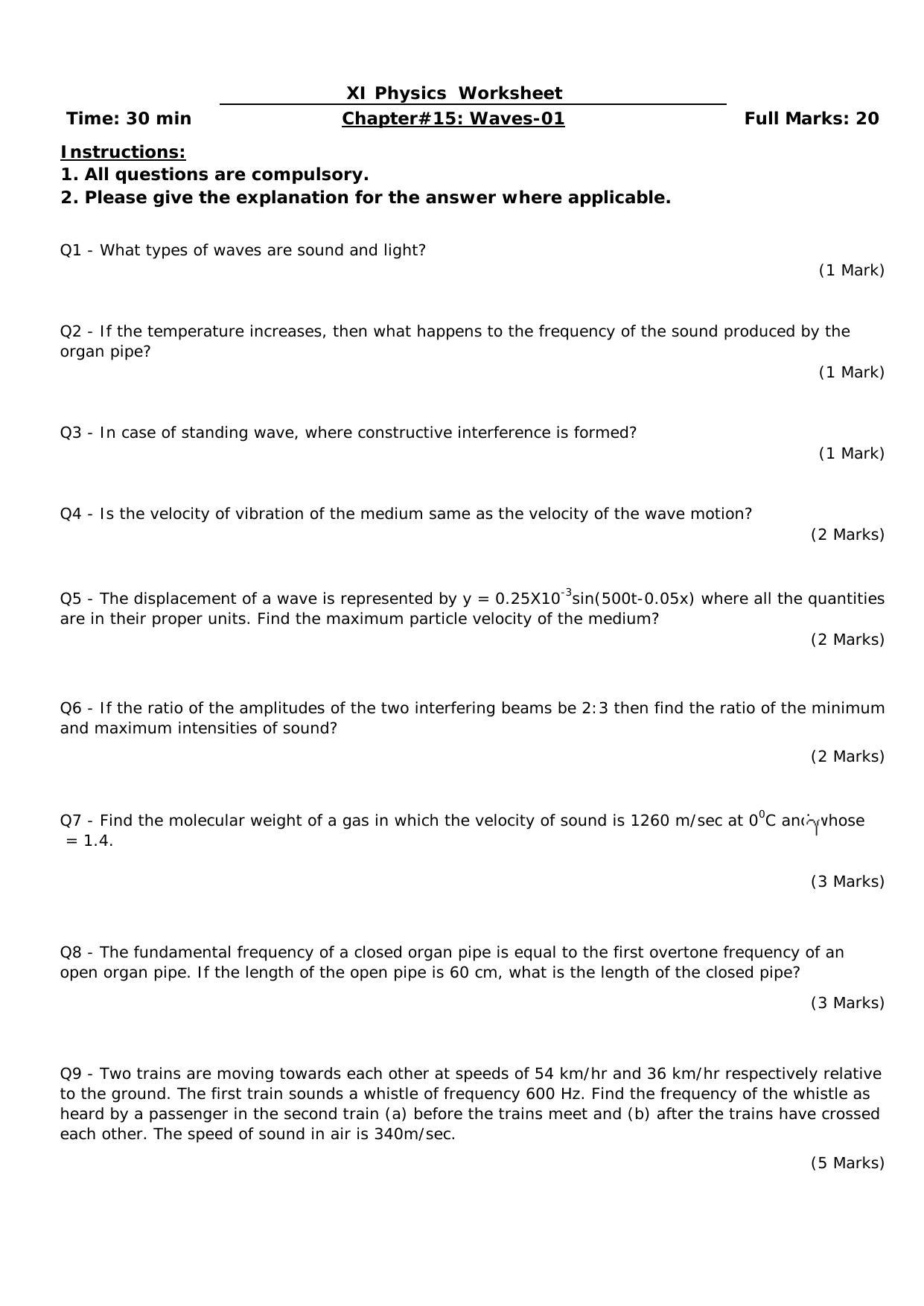 CBSE Worksheets for Class 11 Physics Waves Assignment 4 - Page 1
