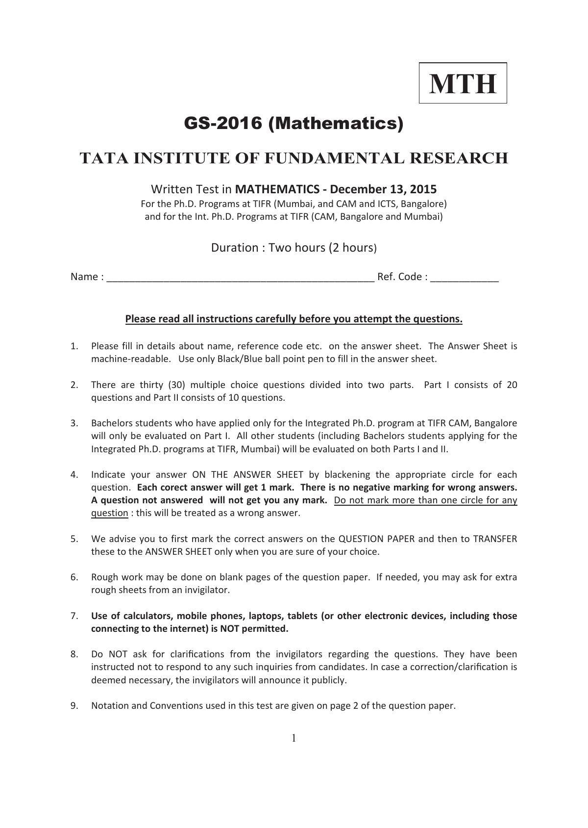 TIFR GS 2016 Mathematics Question Paper - Page 1