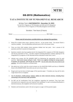 TIFR GS 2016 Mathematics Question Paper
