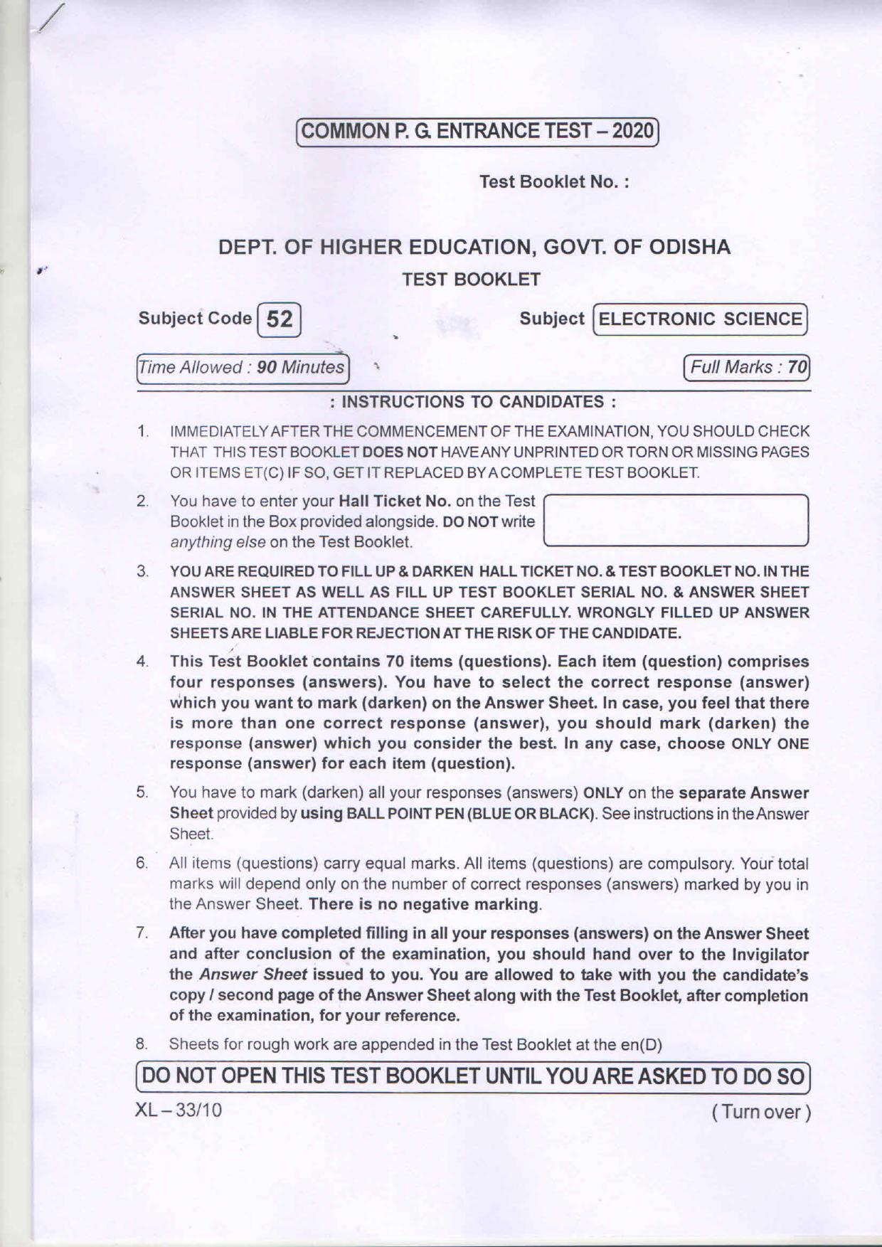 Odisha CPET ELECTRONIC SCIENCE 2020 Question Paper - Page 1