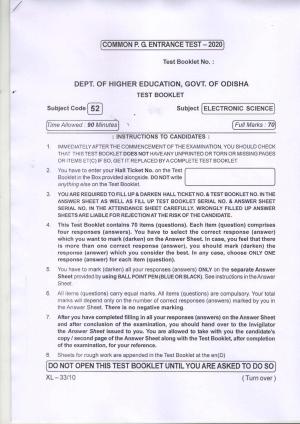 Odisha CPET ELECTRONIC SCIENCE 2020 Question Paper