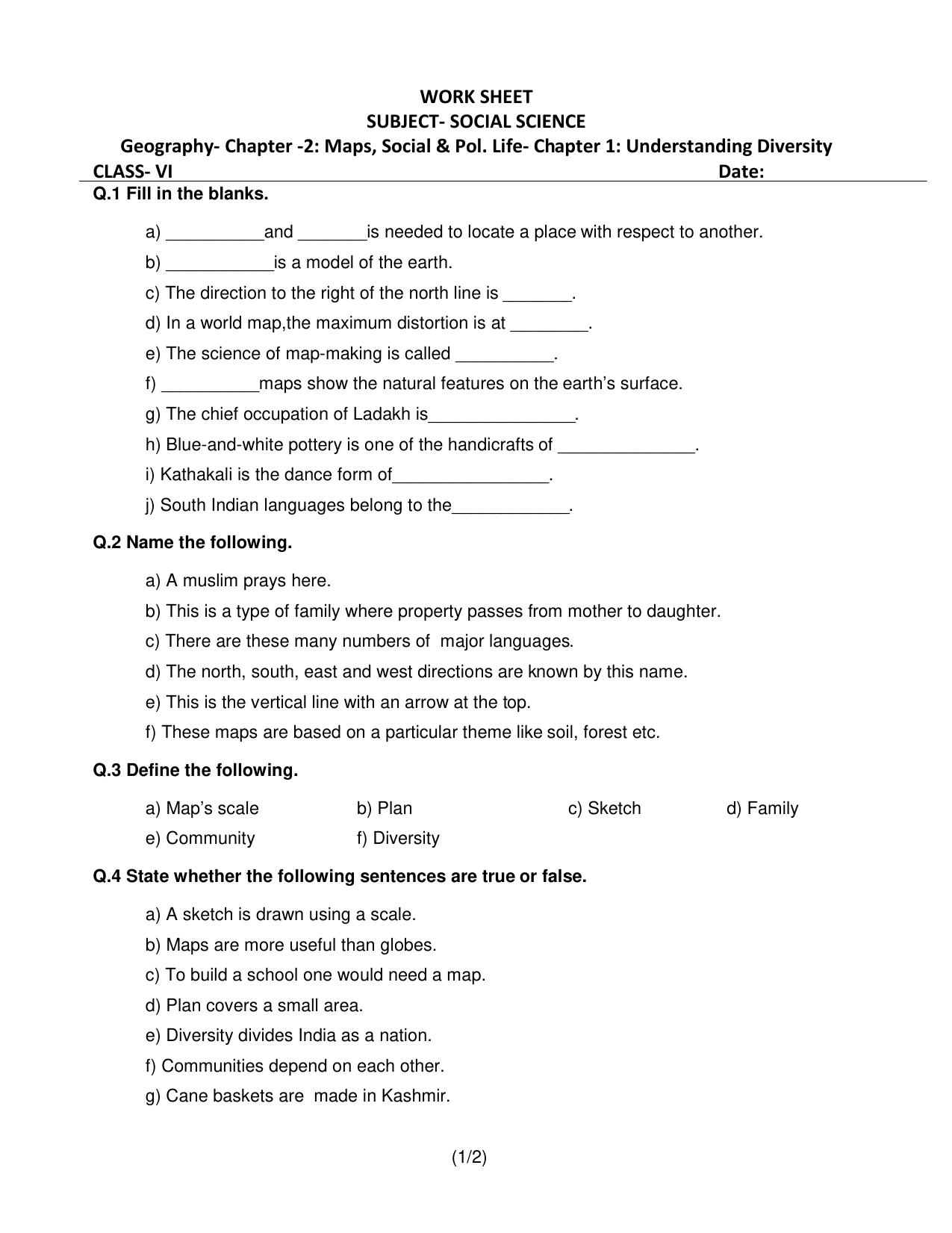 CBSE Worksheets for Class 6 Social Science Geography Assignment 2 - Page 1