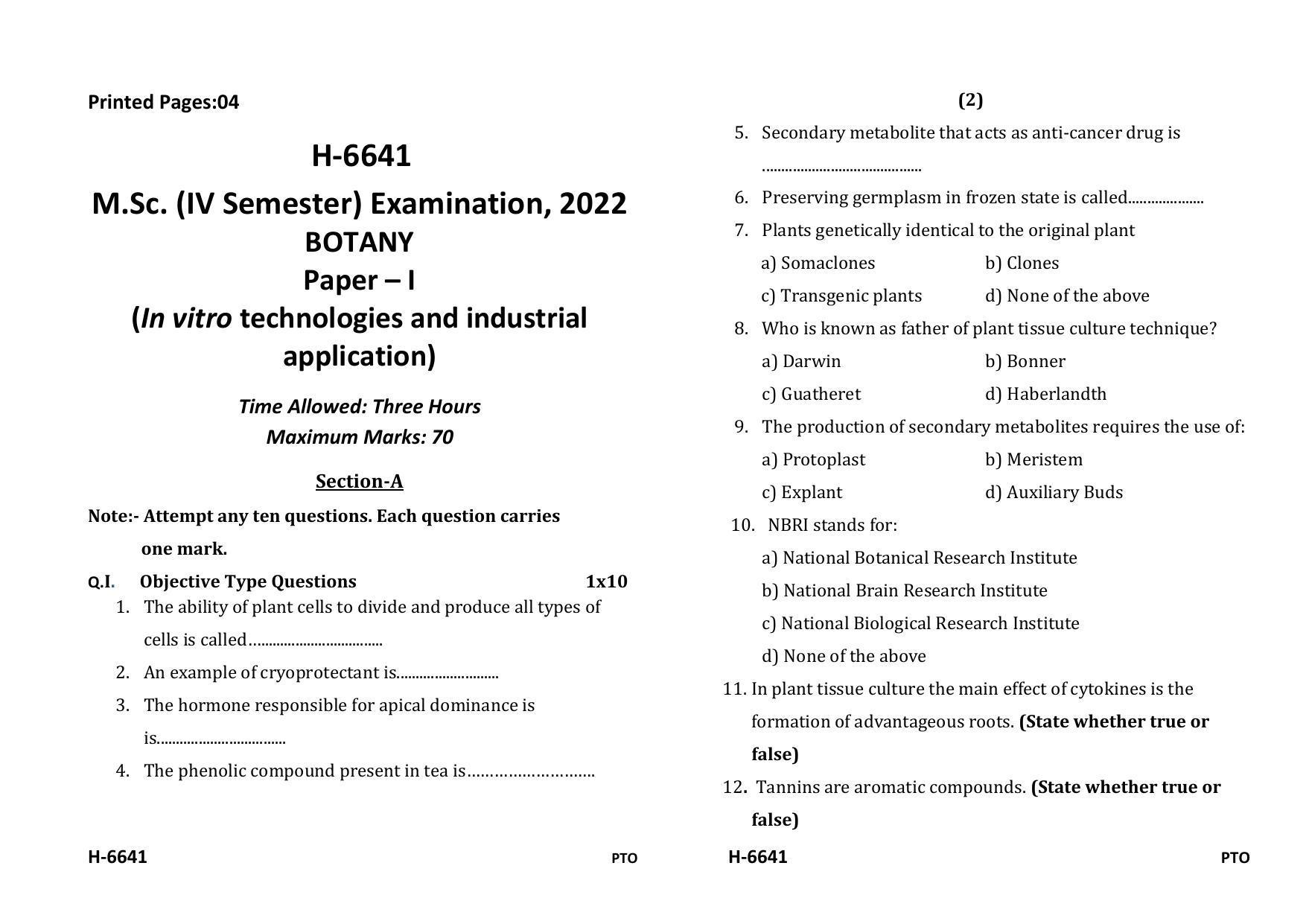 Sarguja University Question Paper July-2022 : M.Sc. In Botany (Fourth sem.) In Vitro Technologies And Industrial Applications Paper 1 - Page 1