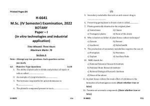 Sarguja University Question Paper July-2022 :  M.Sc. In Botany (Fourth sem.) In Vitro Technologies And Industrial Applications Paper 1
