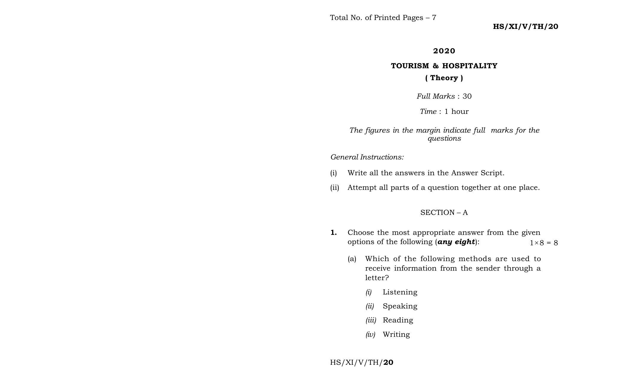 Meghalaya Board (MBOSE) Class 11 Travel Tourism & Hospitality 2020 Question Paper - Page 1