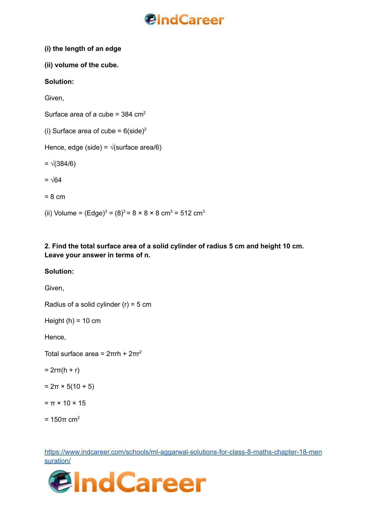 ML Aggarwal Solutions for Class 8 Maths Chapter 18- Mensuration - Page 44