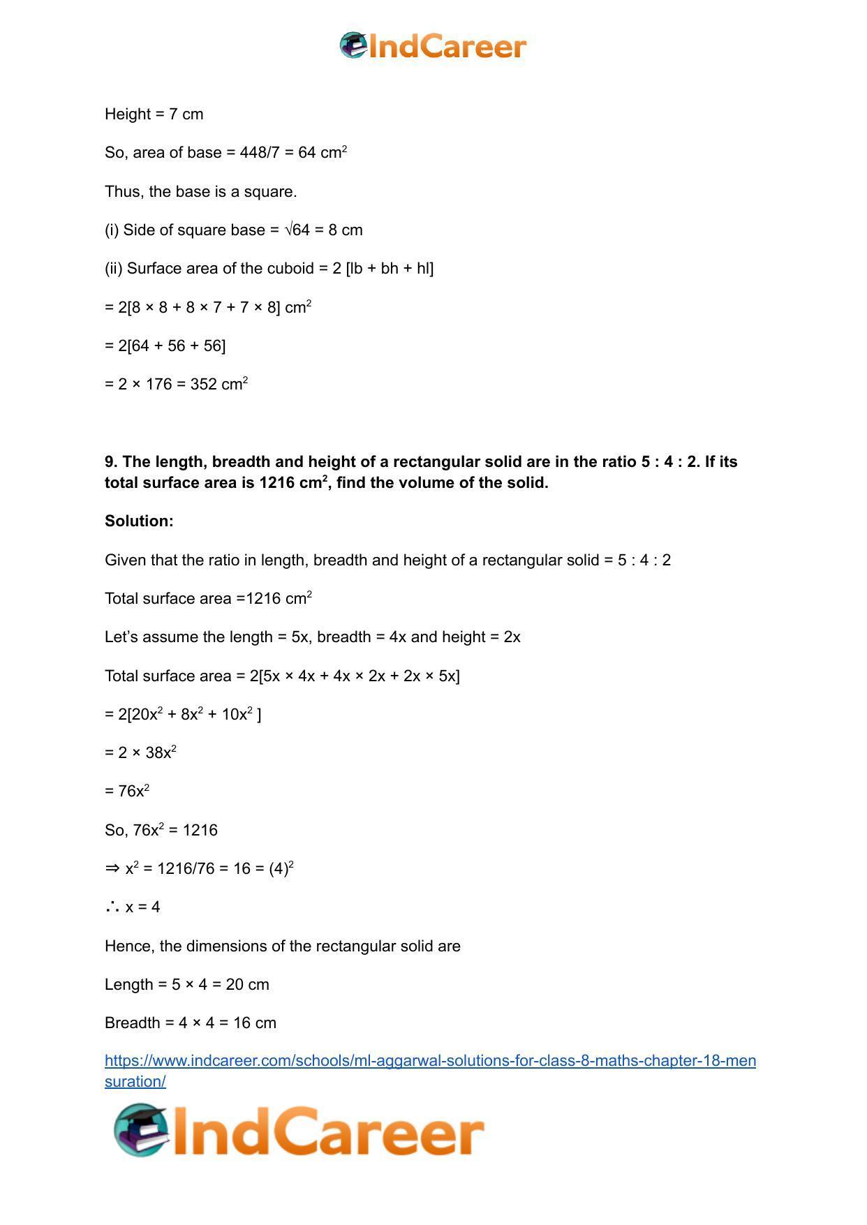 ML Aggarwal Solutions for Class 8 Maths Chapter 18- Mensuration - Page 49