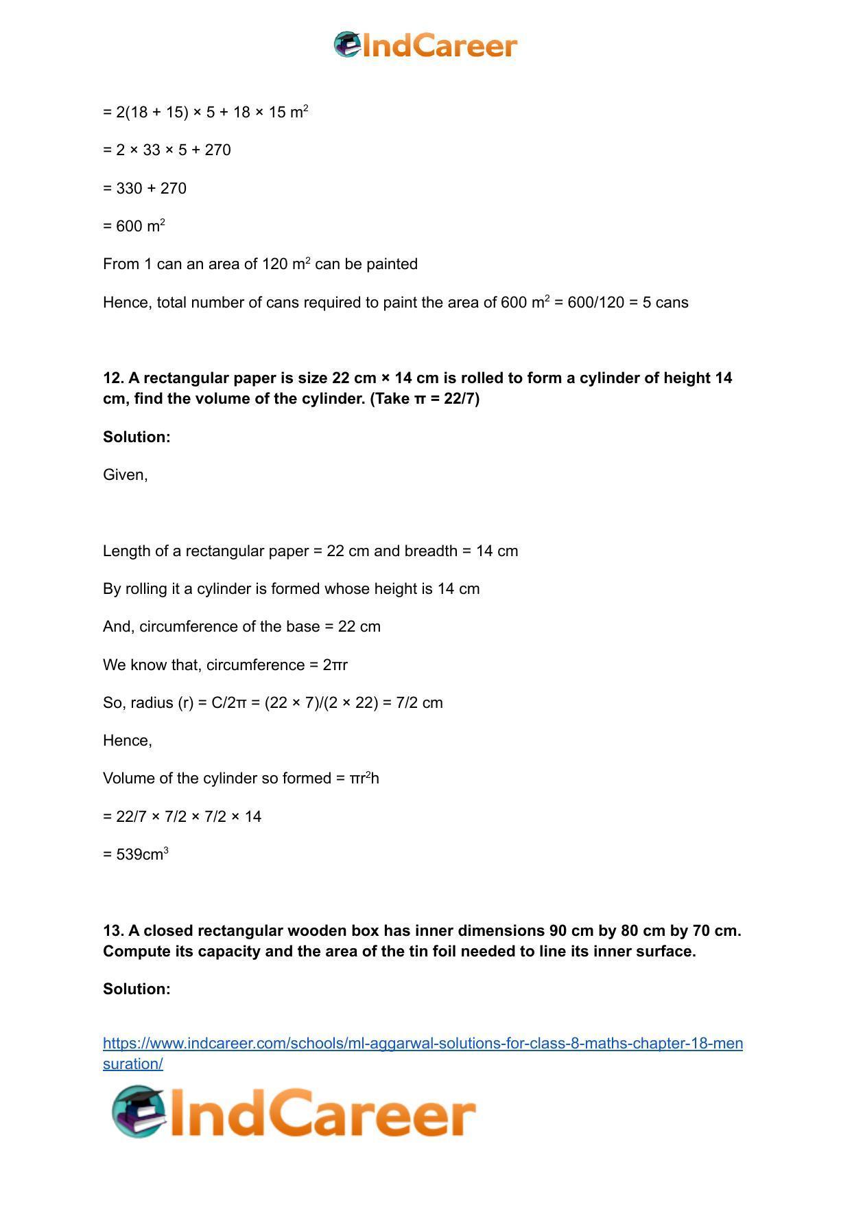 ML Aggarwal Solutions for Class 8 Maths Chapter 18- Mensuration - Page 66