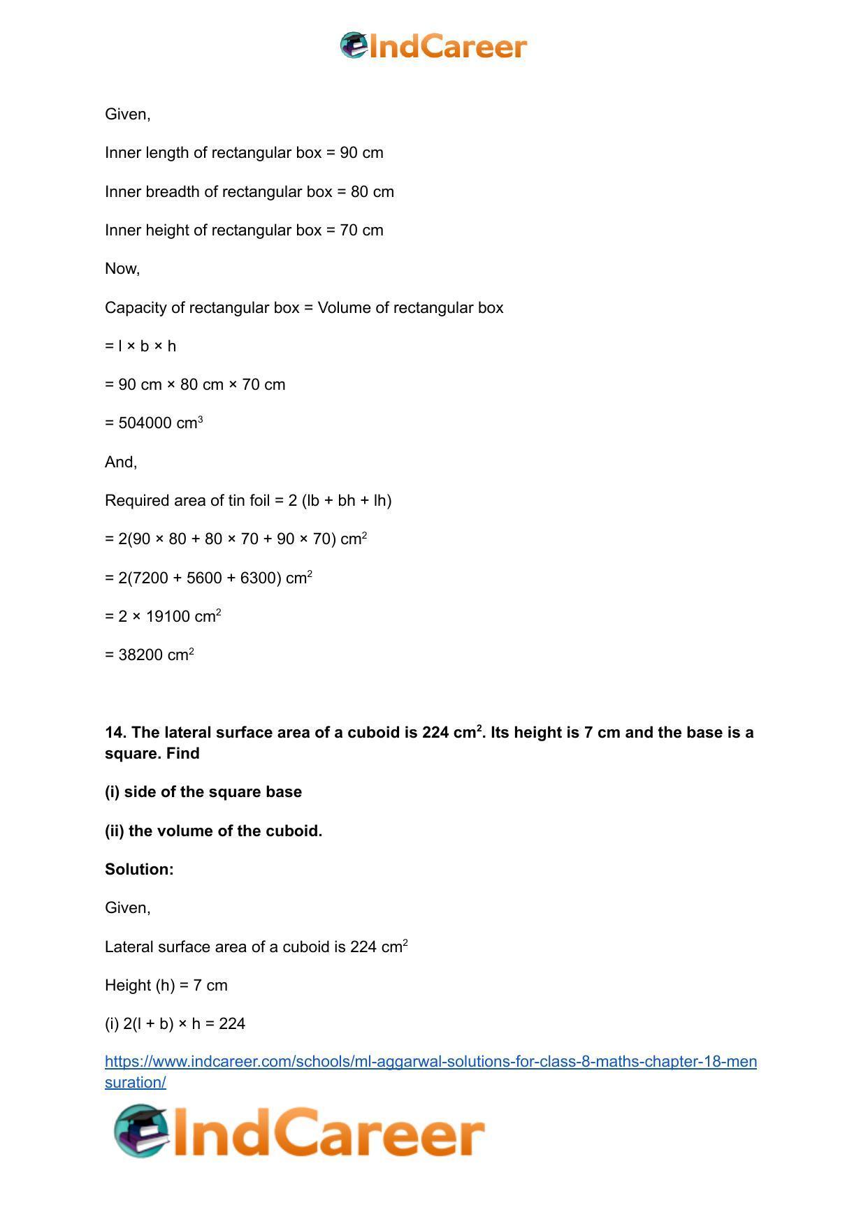 ML Aggarwal Solutions for Class 8 Maths Chapter 18- Mensuration - Page 67