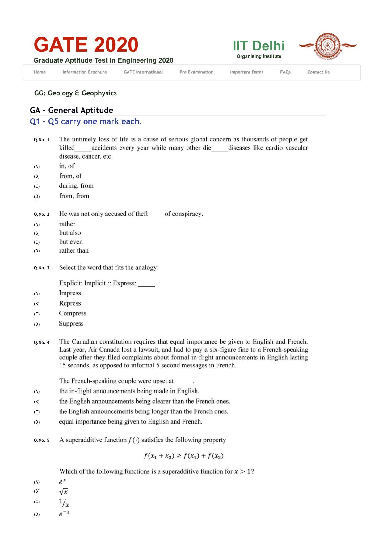 GATE 2020 Geology and Geophysics (GG) Question Paper - Page 1