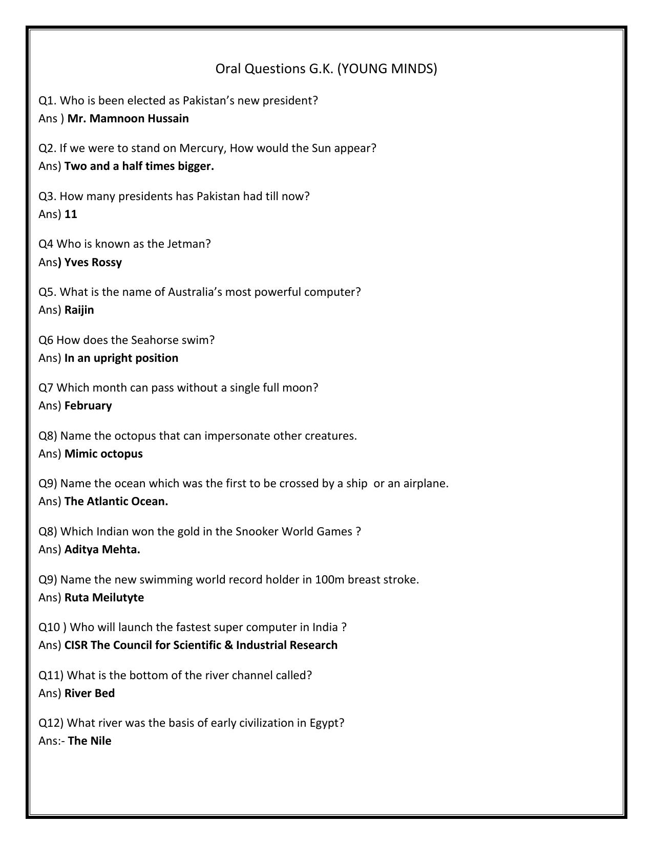 Worksheet for Class 4 General Knowledge Assignment 1 - Page 1