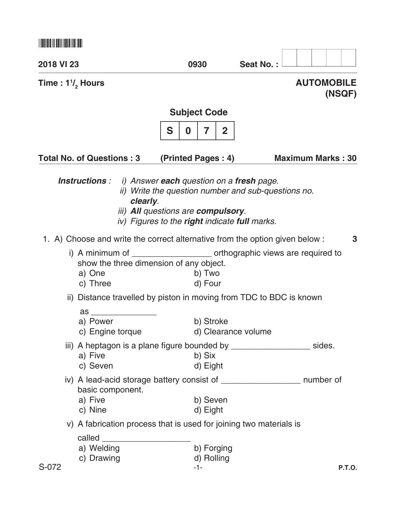 Goa Board Class 10 Automobile  072 Nsqf (June 2018) Question Paper - Page 1